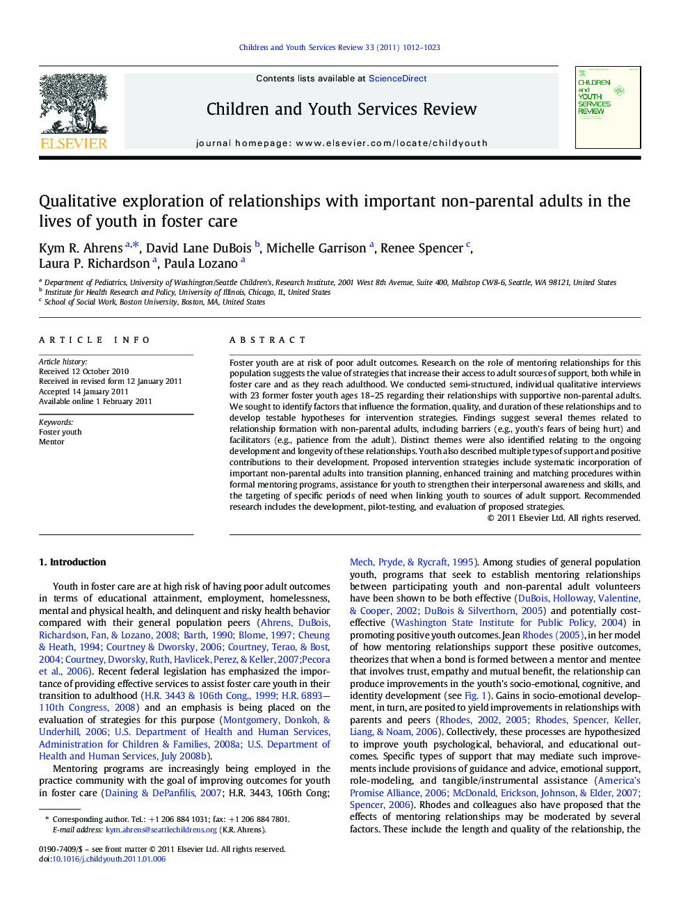 Qualitative exploration of relationships with important non-parental adults in the lives of youth in foster care