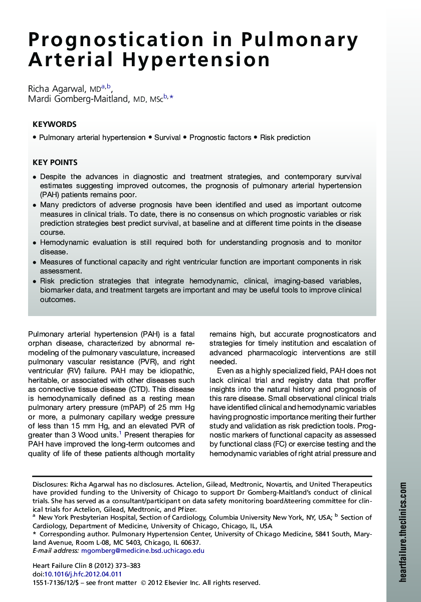 Prognostication in Pulmonary Arterial Hypertension