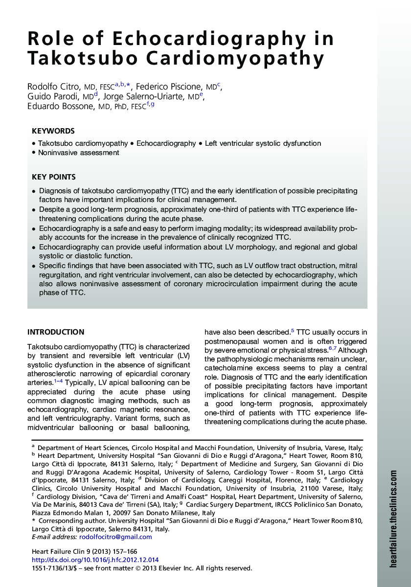 Role of Echocardiography in Takotsubo Cardiomyopathy