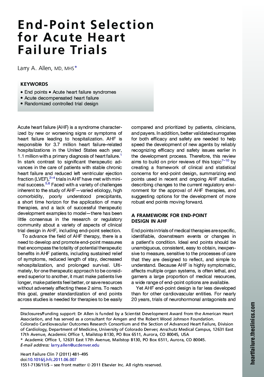 End-Point Selection for Acute Heart Failure Trials