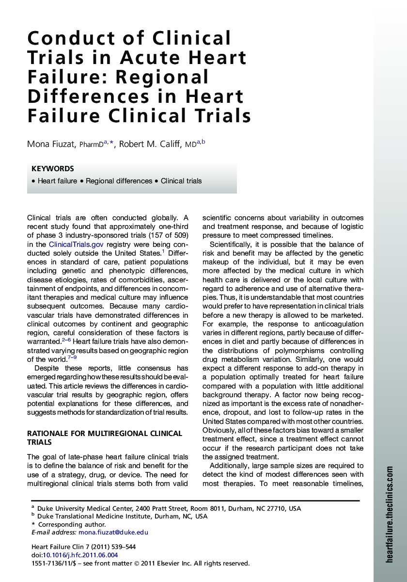 Conduct of Clinical Trials in Acute Heart Failure: Regional Differences in Heart Failure Clinical Trials