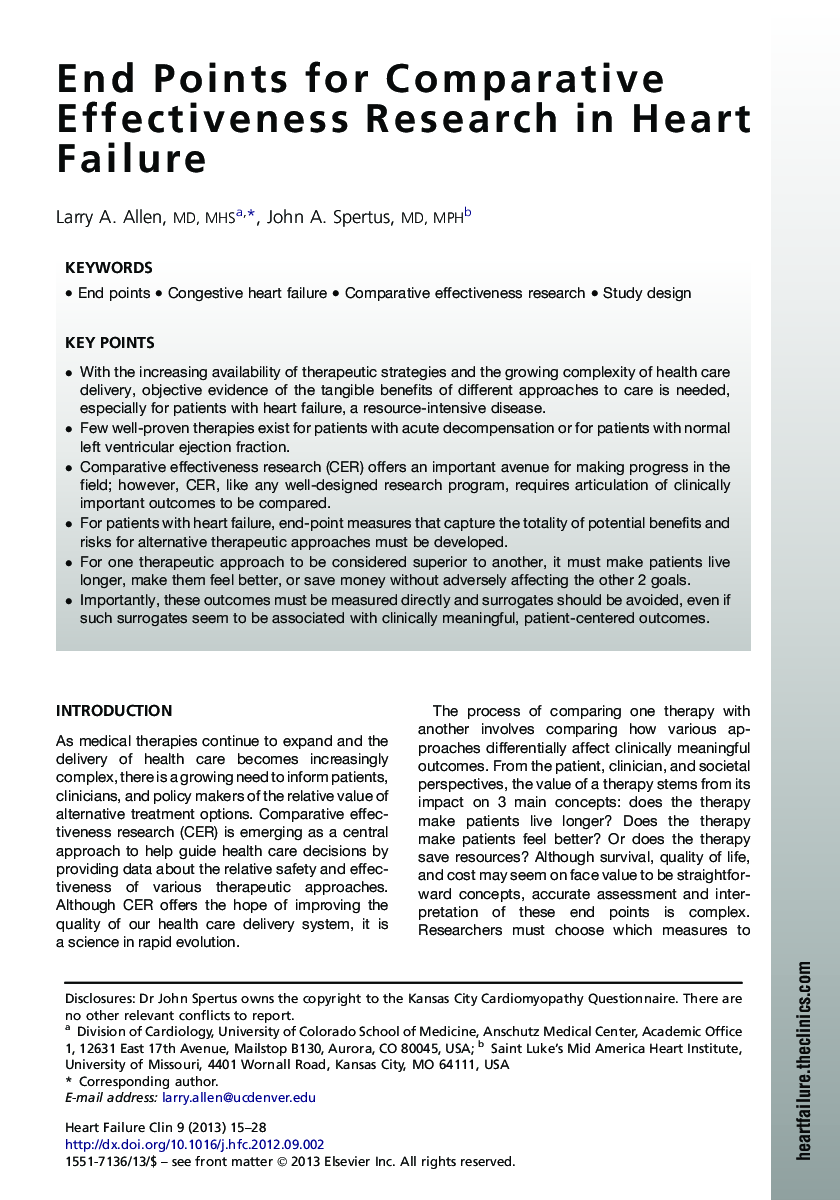 End Points for Comparative Effectiveness Research in Heart Failure