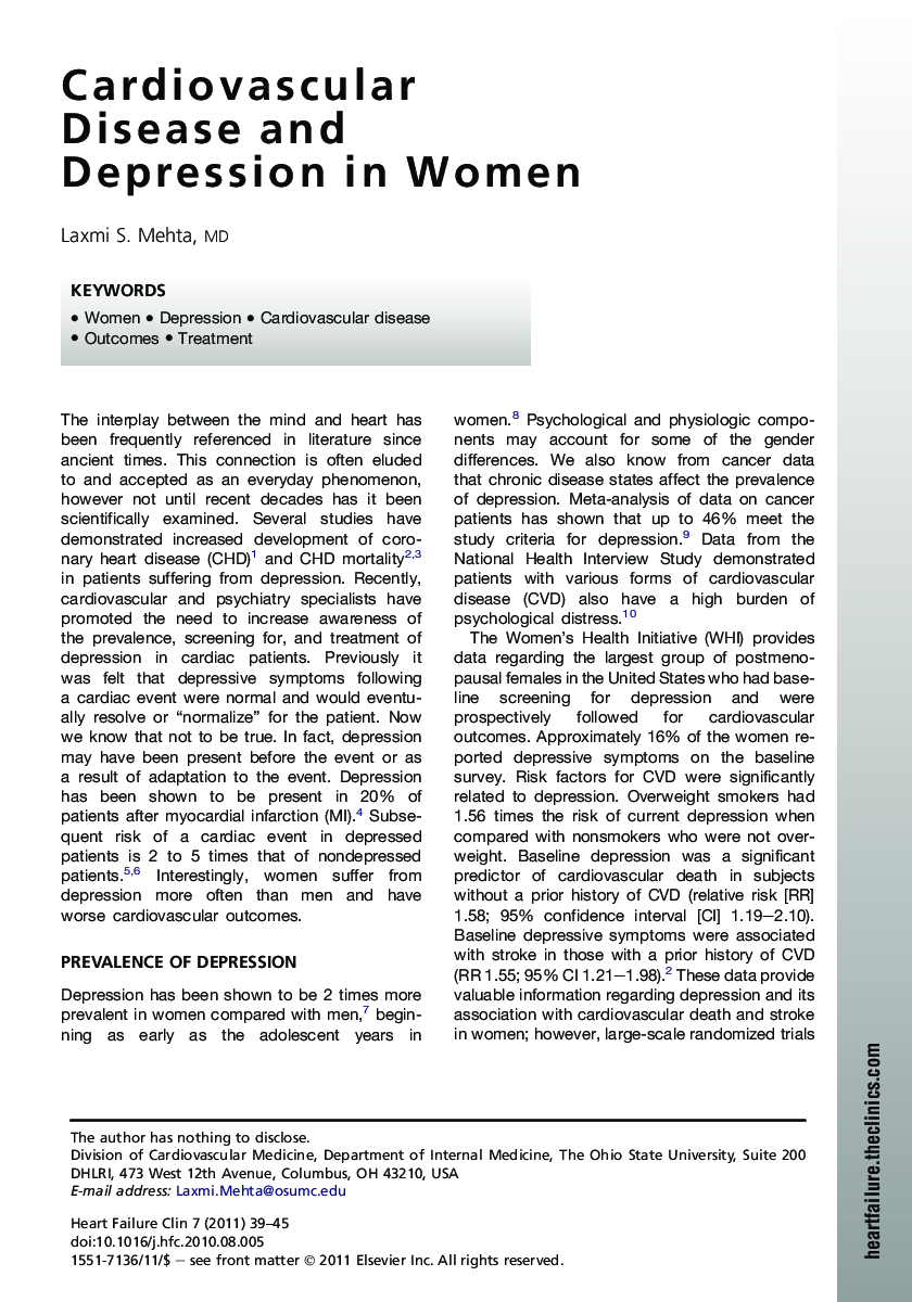 Cardiovascular Disease and Depression in Women