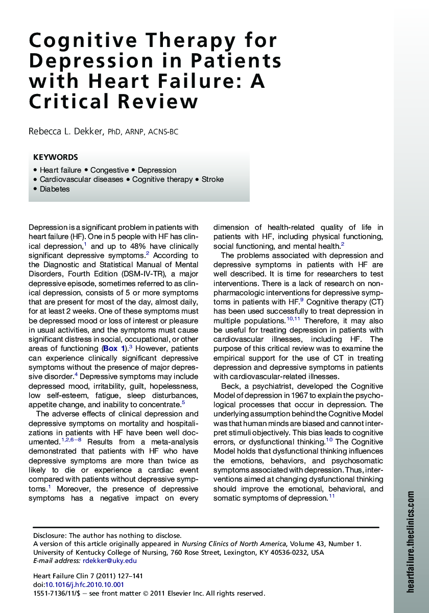 Cognitive Therapy for Depression in Patients with Heart Failure: A Critical Review