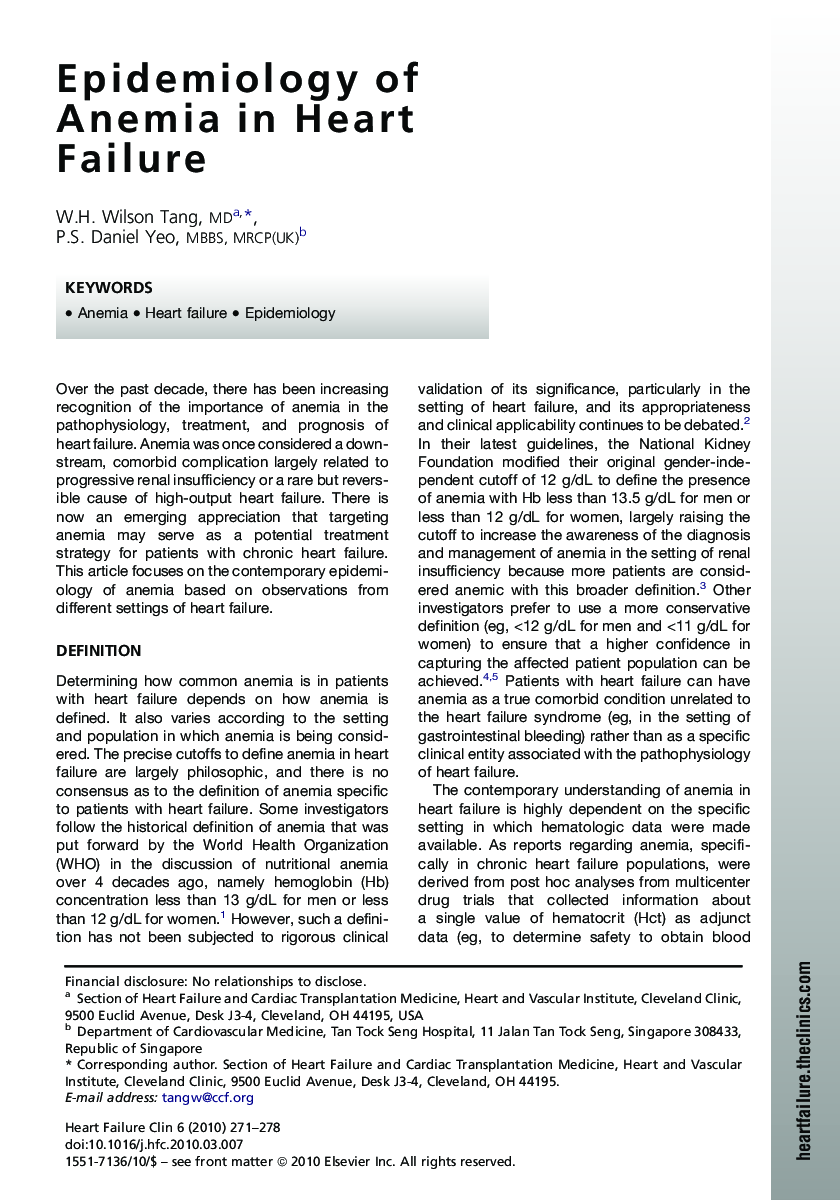 Epidemiology of Anemia in Heart Failure