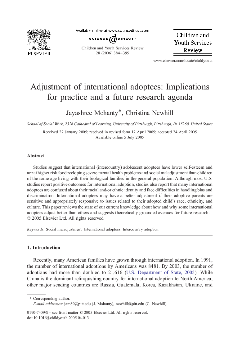 Adjustment of international adoptees: Implications for practice and a future research agenda