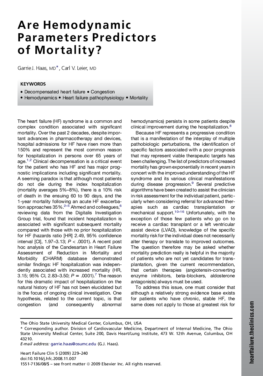 Are Hemodynamic Parameters Predictors of Mortality?