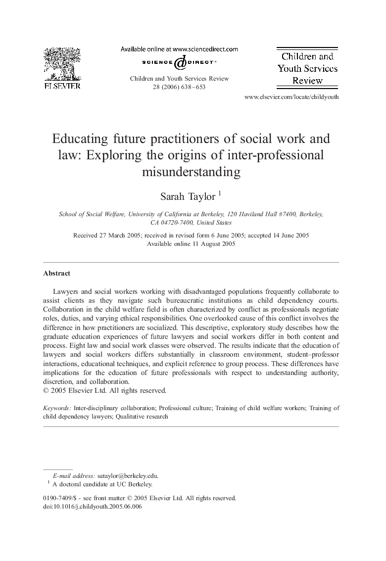 Educating future practitioners of social work and law: Exploring the origins of inter-professional misunderstanding