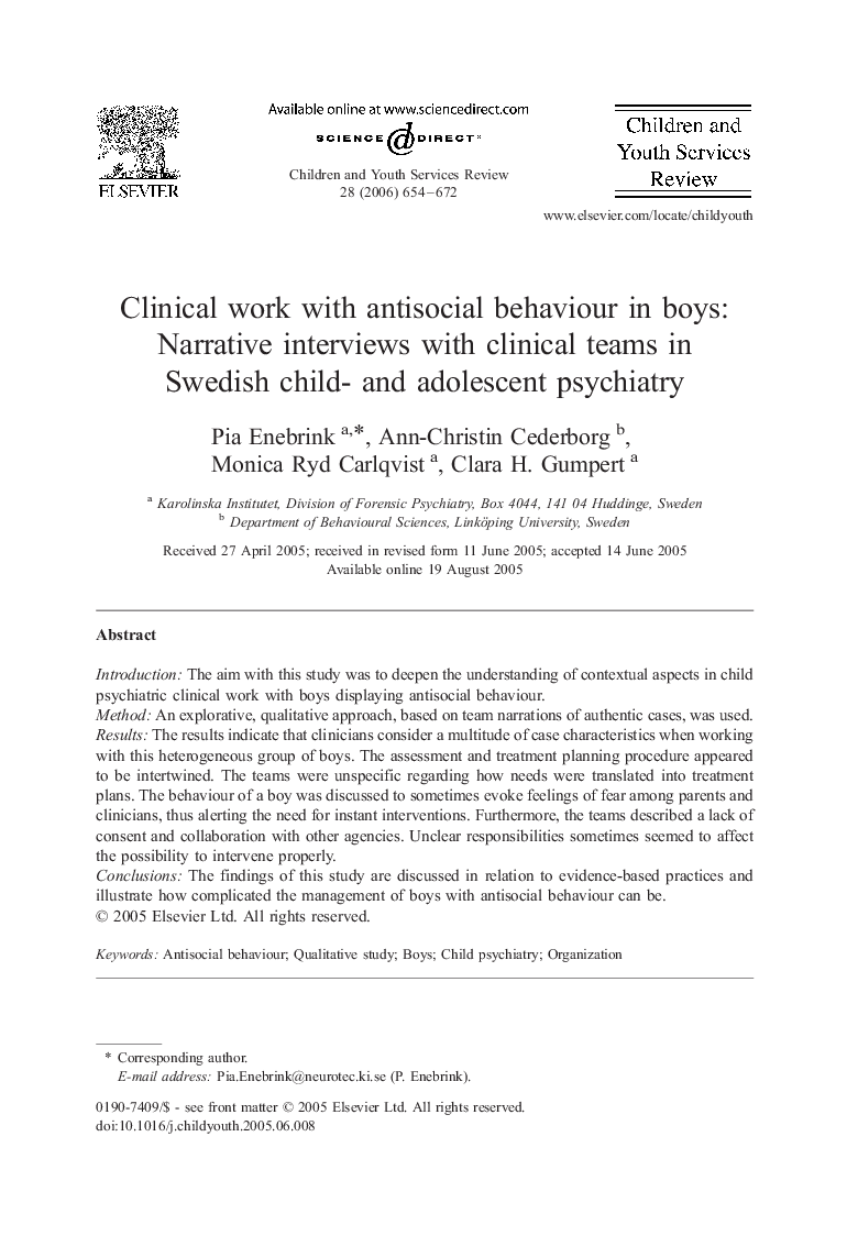 Clinical work with antisocial behaviour in boys: Narrative interviews with clinical teams in Swedish child- and adolescent psychiatry