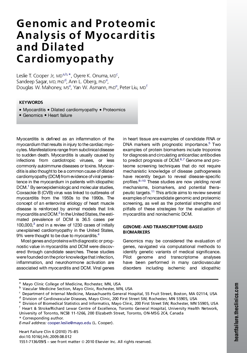 Genomic and Proteomic Analysis of Myocarditis and Dilated Cardiomyopathy