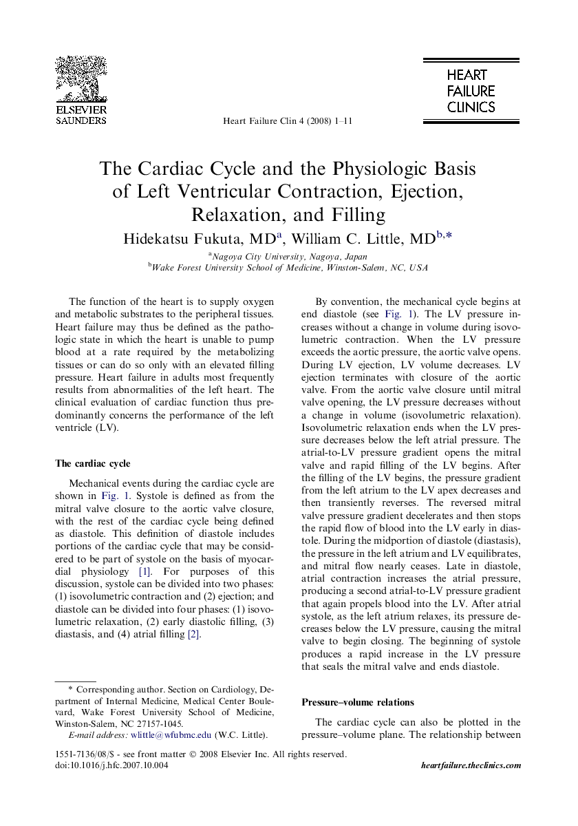 The Cardiac Cycle and the Physiologic Basis of Left Ventricular Contraction, Ejection, Relaxation, and Filling