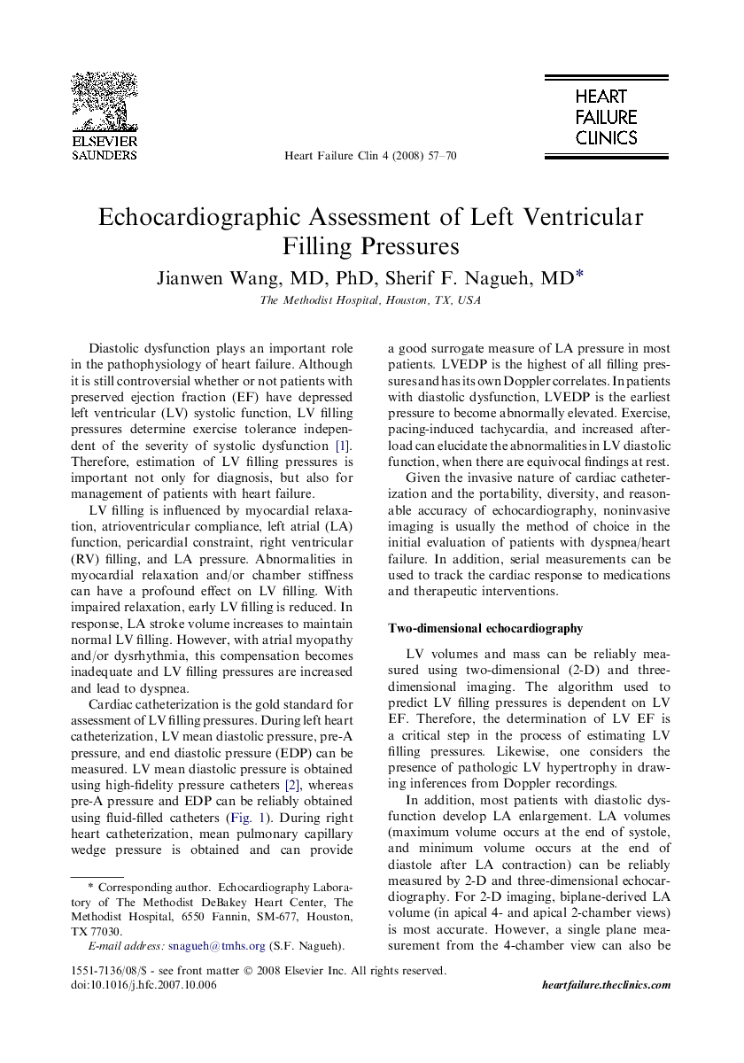 Echocardiographic Assessment of Left Ventricular Filling Pressures