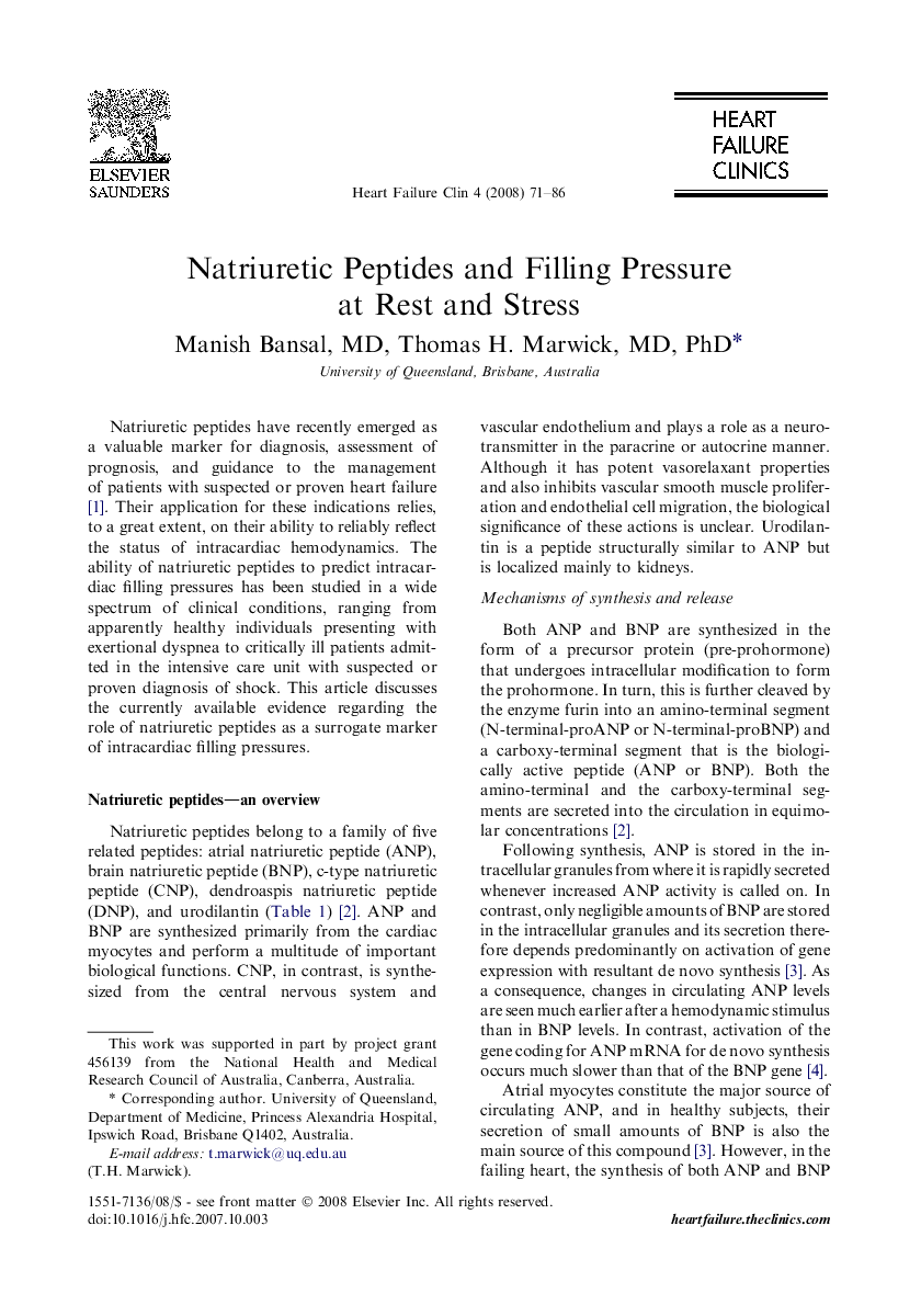 Natriuretic Peptides and Filling Pressure at Rest and Stress