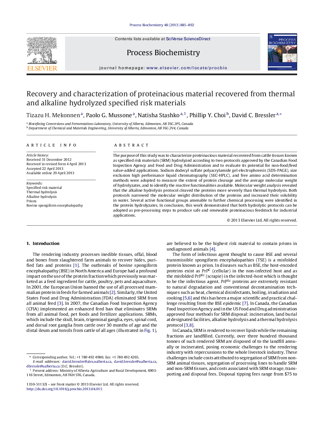 Recovery and characterization of proteinacious material recovered from thermal and alkaline hydrolyzed specified risk materials