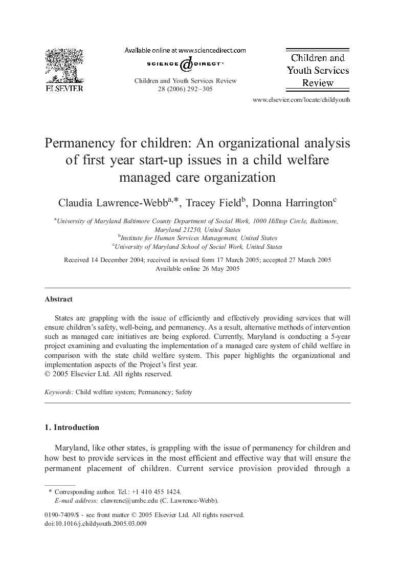 Permanency for children: An organizational analysis of first year start-up issues in a child welfare managed care organization