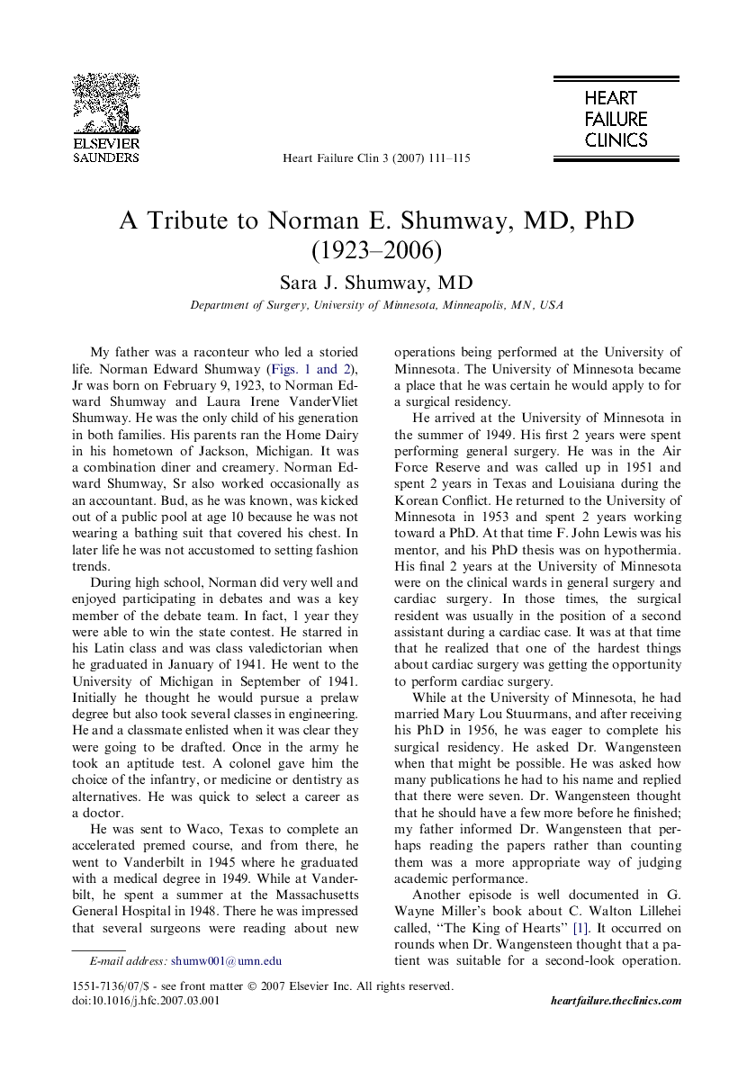 عکس صفحه اول مقاله: A Tribute to Norman E. Shumway, MD, PhD (1923–2006) A Tribute to Norman E. Shumway, MD, PhD (1923–2006)