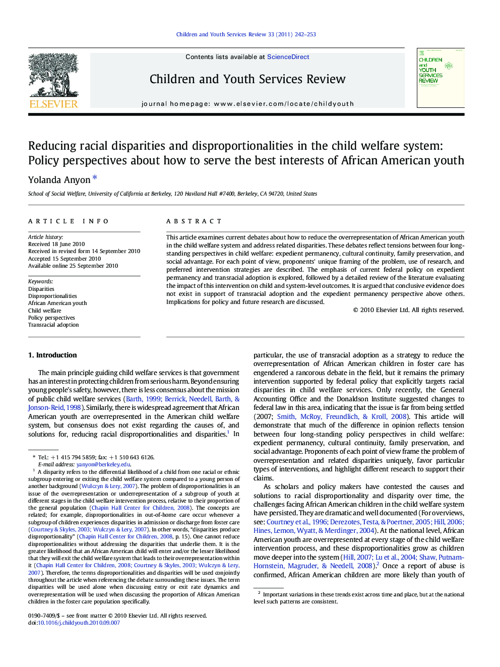 Reducing racial disparities and disproportionalities in the child welfare system: Policy perspectives about how to serve the best interests of African American youth