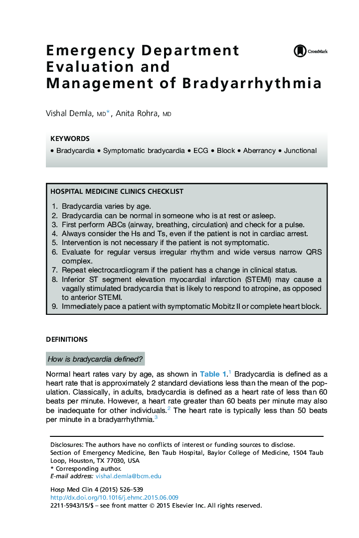 Emergency Department Evaluation and Management of Bradyarrhythmia