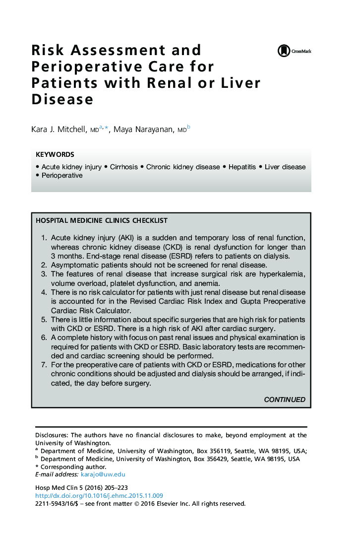 Risk Assessment and Perioperative Care for Patients with Renal or Liver Disease