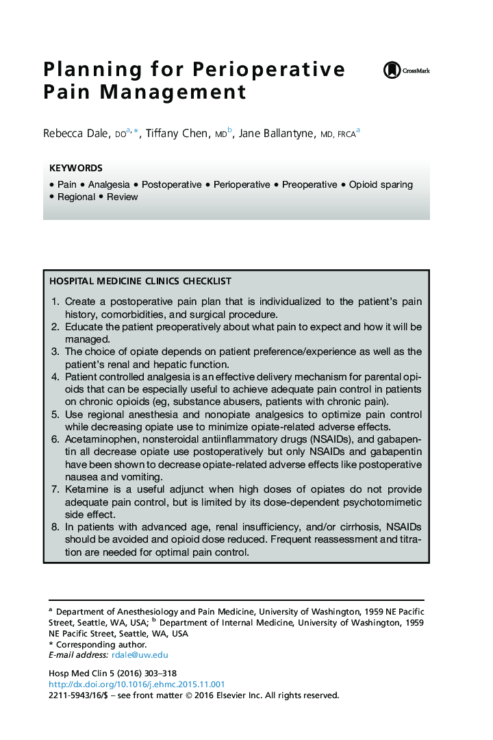 Planning for Perioperative Pain Management