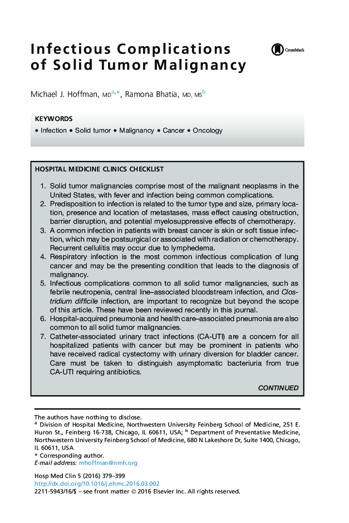 Infectious Complications of Solid Tumor Malignancy