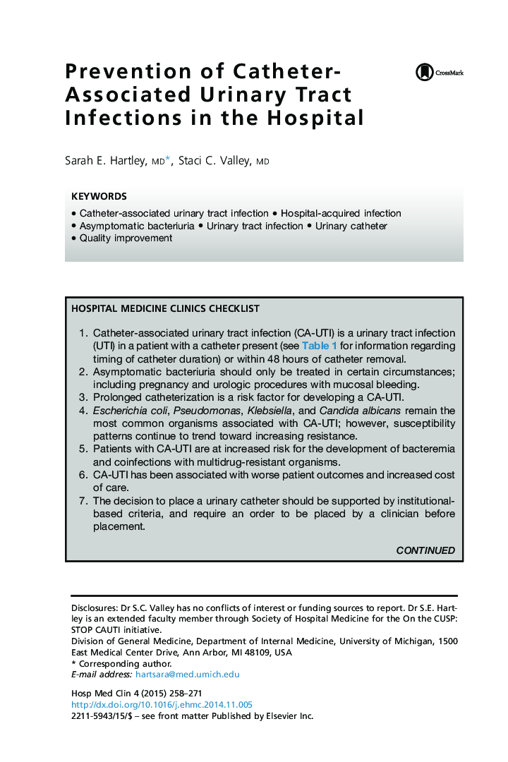 Prevention of Catheter-Associated Urinary Tract Infections in the Hospital