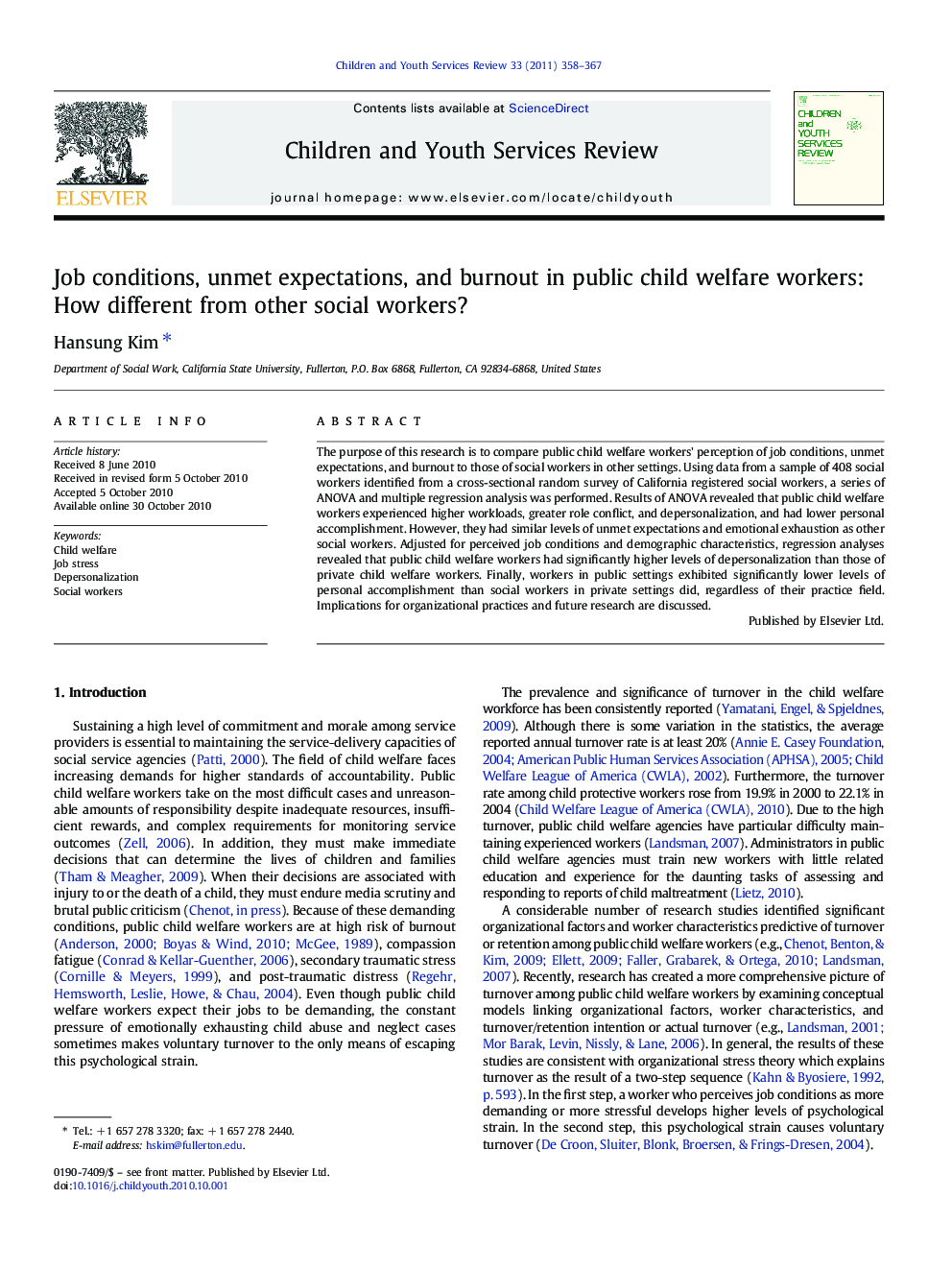 Job conditions, unmet expectations, and burnout in public child welfare workers: How different from other social workers?