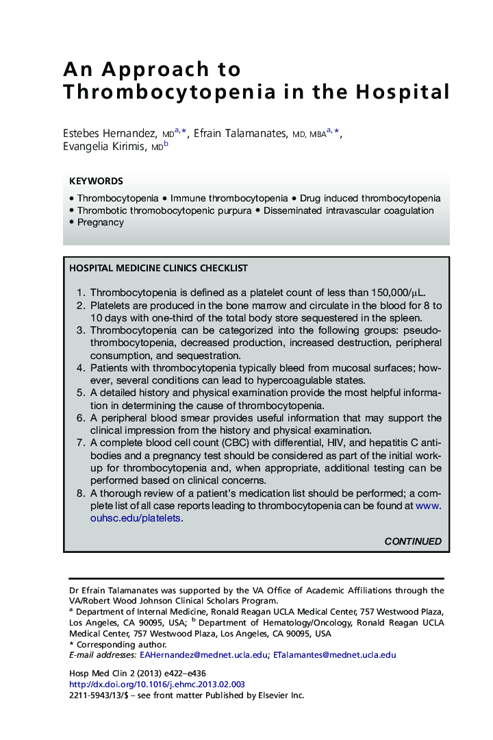 An Approach to Thrombocytopenia in the Hospital