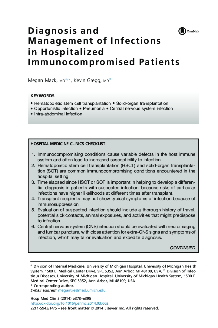 Diagnosis and Management of Infections in Hospitalized Immunocompromised Patients