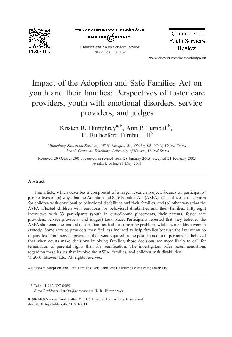 Impact of the Adoption and Safe Families Act on youth and their families: Perspectives of foster care providers, youth with emotional disorders, service providers, and judges