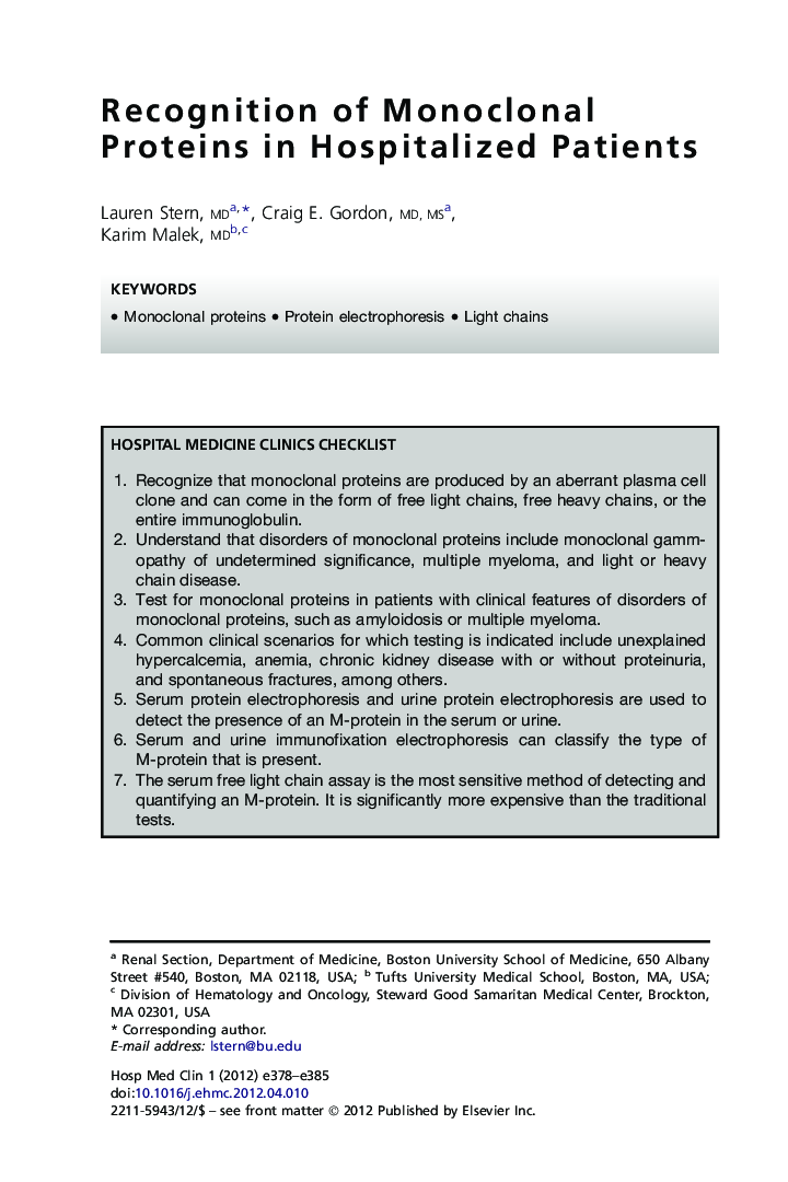 Recognition of Monoclonal Proteins in Hospitalized Patients