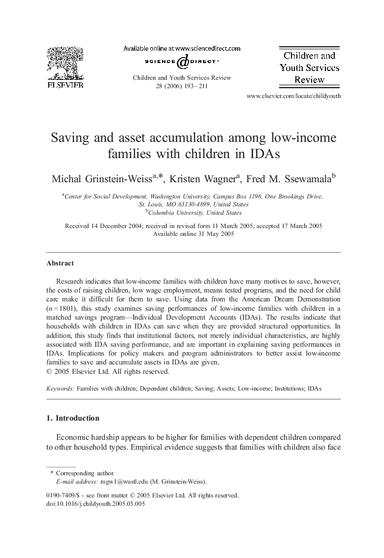 Saving and asset accumulation among low-income families with children in IDAs