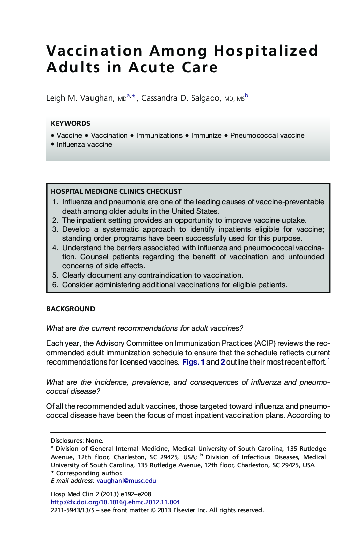 Vaccination Among Hospitalized Adults in Acute Care