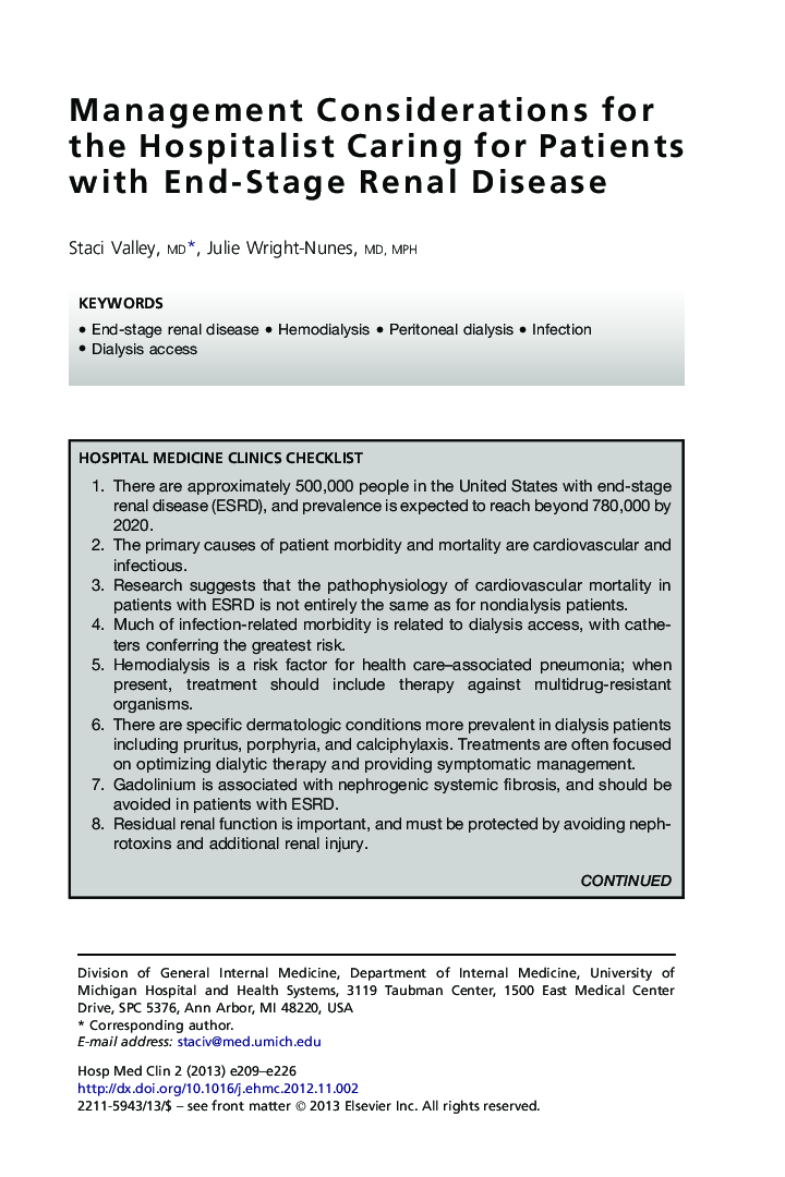 Management Considerations for the Hospitalist Caring for Patients with End-Stage Renal Disease