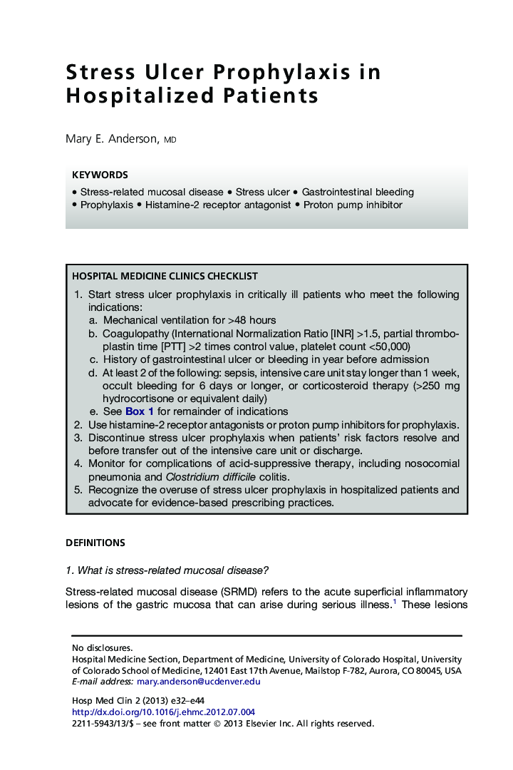 Stress Ulcer Prophylaxis in Hospitalized Patients