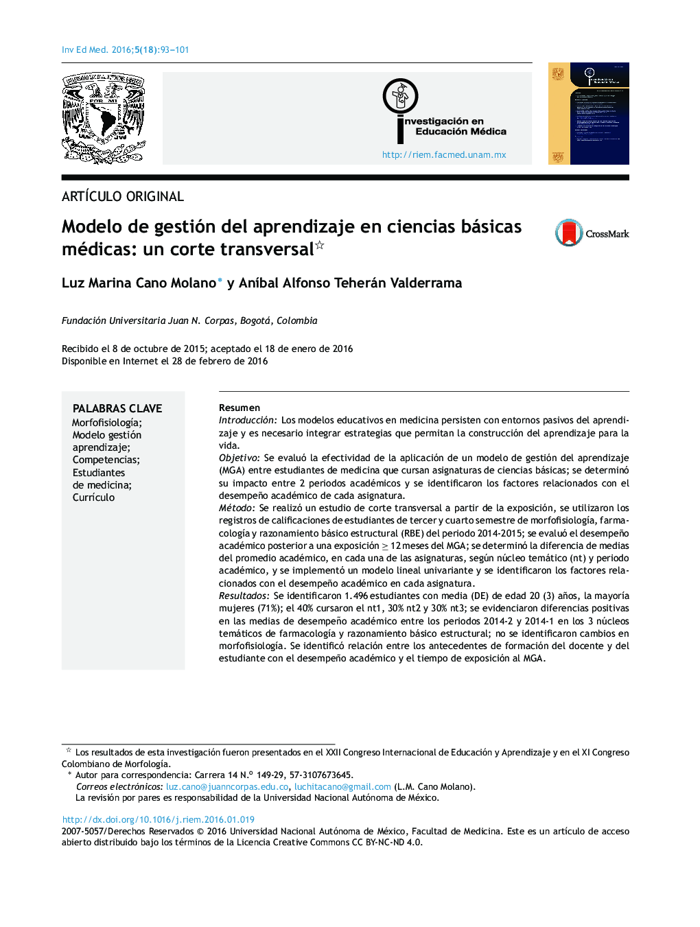 Modelo de gestión del aprendizaje en ciencias básicas médicas: un corte transversal 