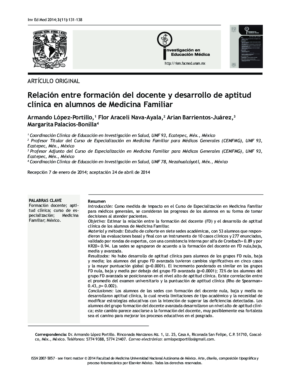 Relación entre formación del docente y desarrollo de aptitud clínica en alumnos de Medicina Familiar