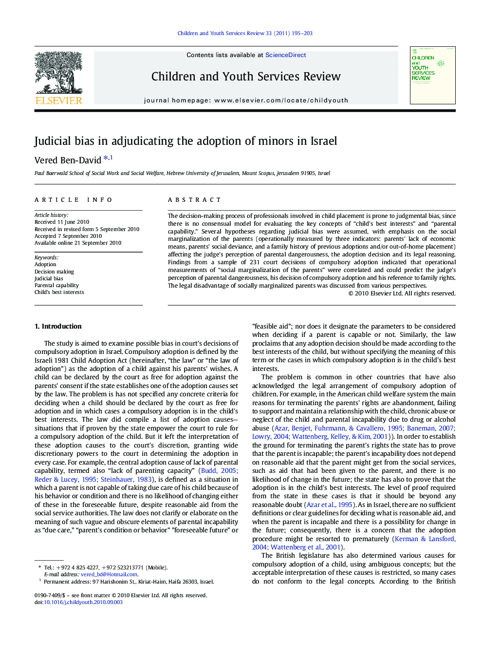 Judicial bias in adjudicating the adoption of minors in Israel