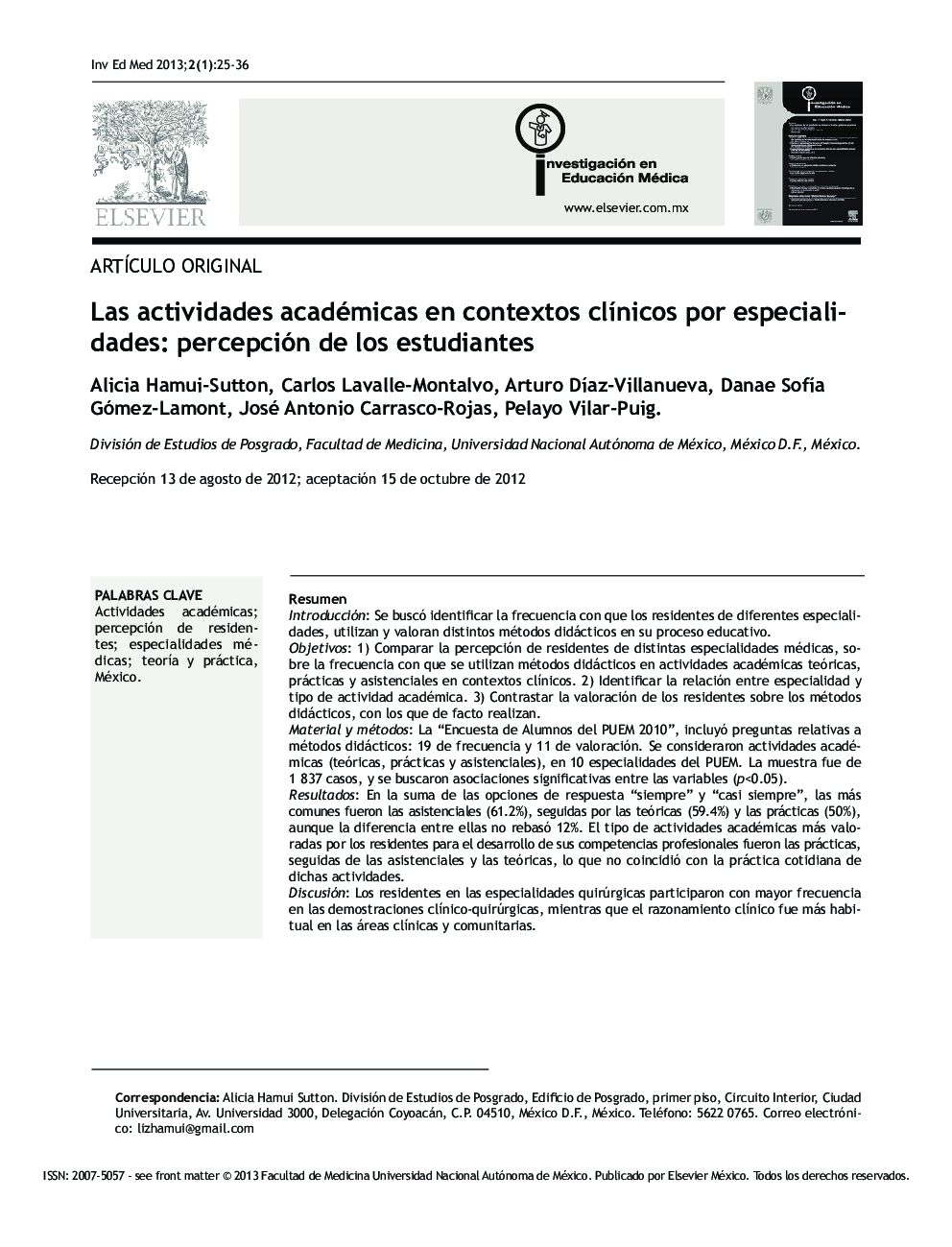 Las actividades académicas en contextos clínicos por especialidades: percepción de los estudiantes