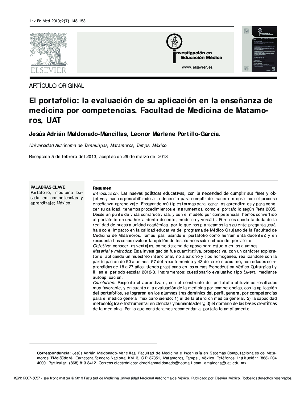 El portafolio: la evaluación de su aplicación en la enseñanza de medicina por competencias. Facultad de Medicina de Matamoros, UAT