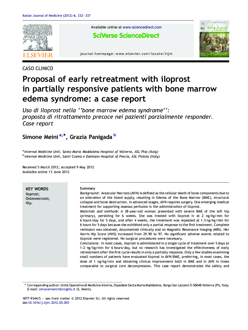 Proposal of early retreatment with iloprost in partially responsive patients with bone marrow edema syndrome: a case report