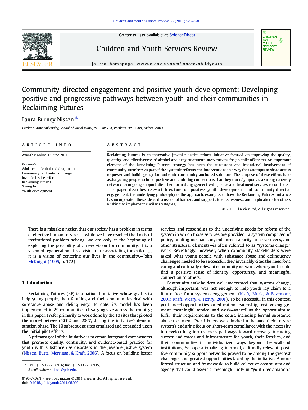 Community-directed engagement and positive youth development: Developing positive and progressive pathways between youth and their communities in Reclaiming Futures