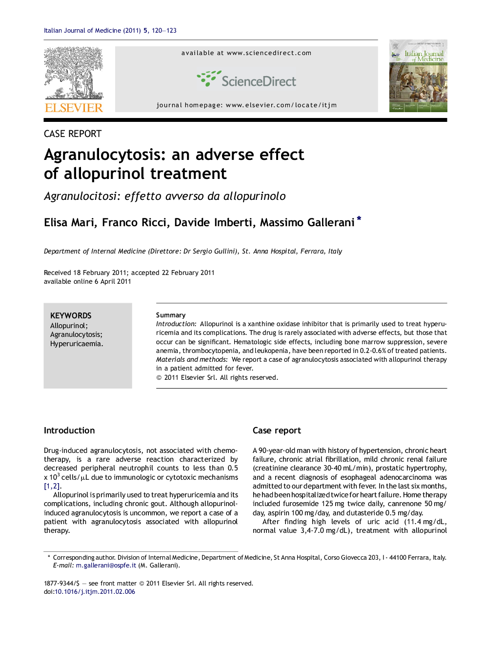 Agranulocytosis: an adverse effect of allopurinol treatment