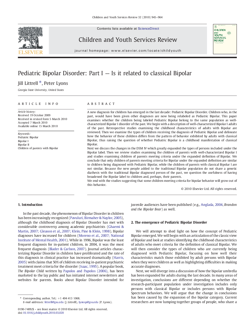 Pediatric Bipolar Disorder: Part I — Is it related to classical Bipolar