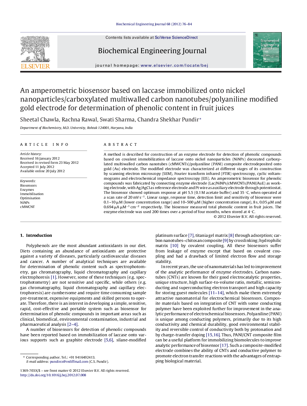 An amperometric biosensor based on laccase immobilized onto nickel nanoparticles/carboxylated multiwalled carbon nanotubes/polyaniline modified gold electrode for determination of phenolic content in fruit juices