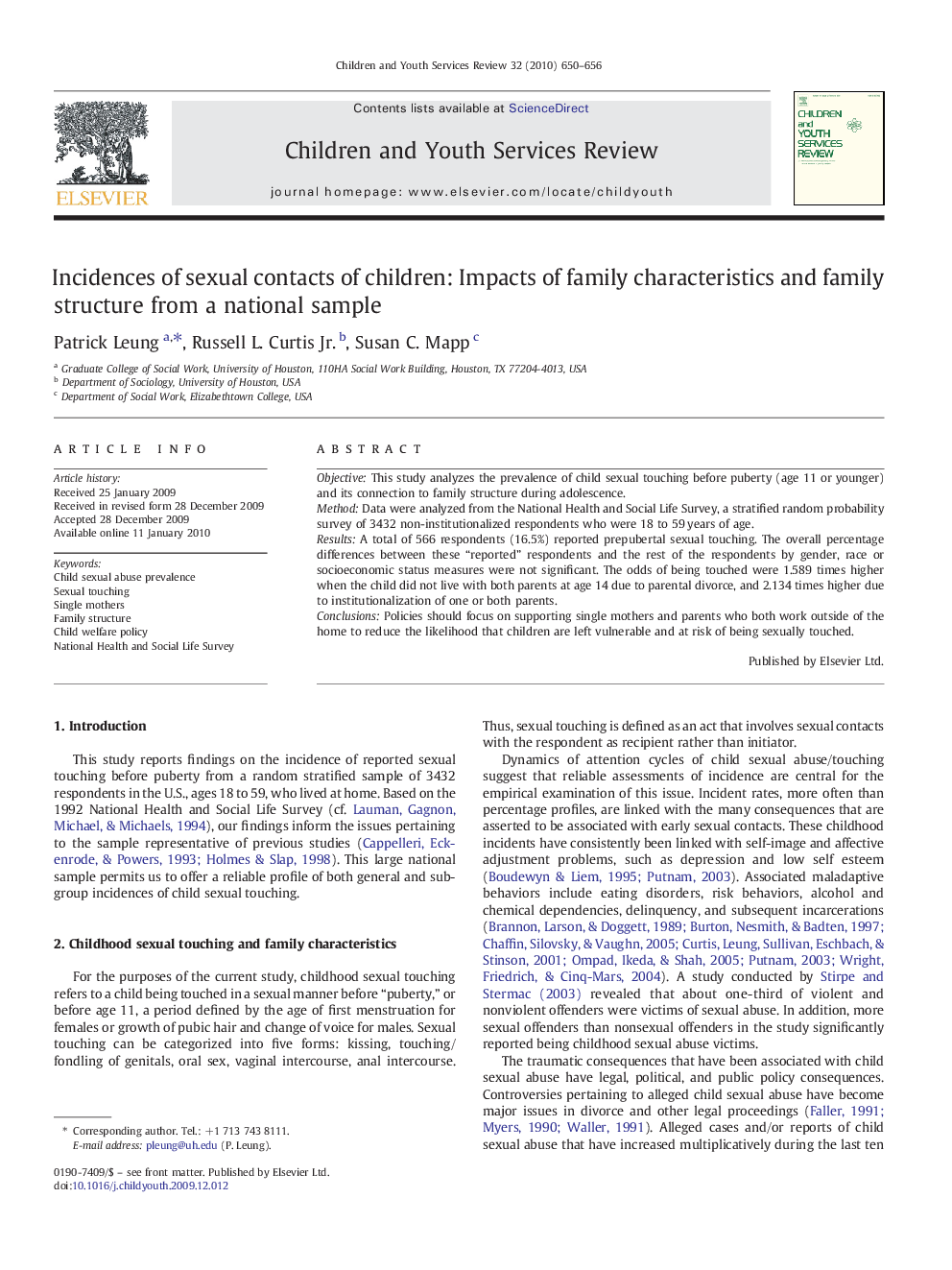 Incidences of sexual contacts of children: Impacts of family characteristics and family structure from a national sample