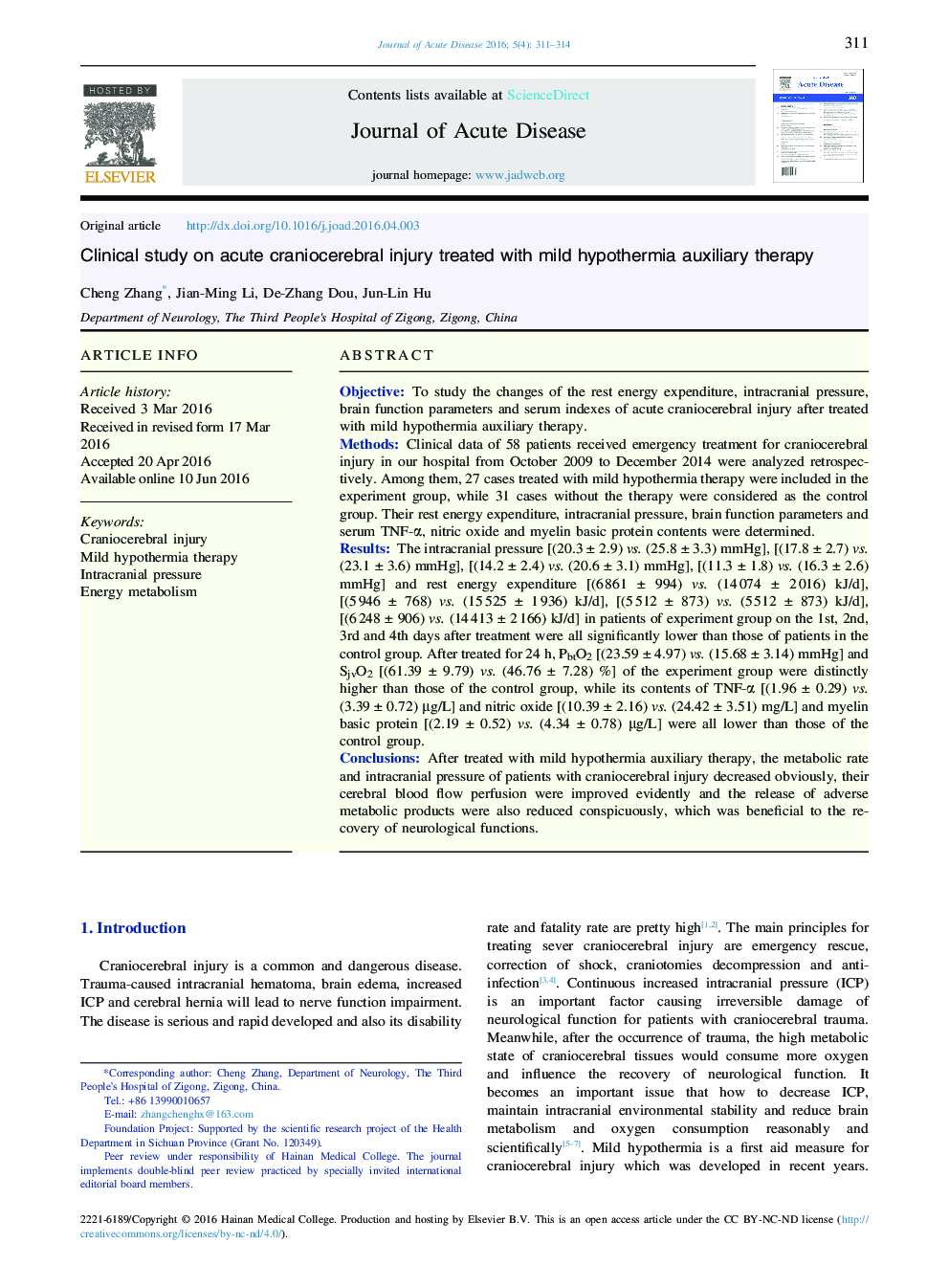 Clinical study on acute craniocerebral injury treated with mild hypothermia auxiliary therapy 