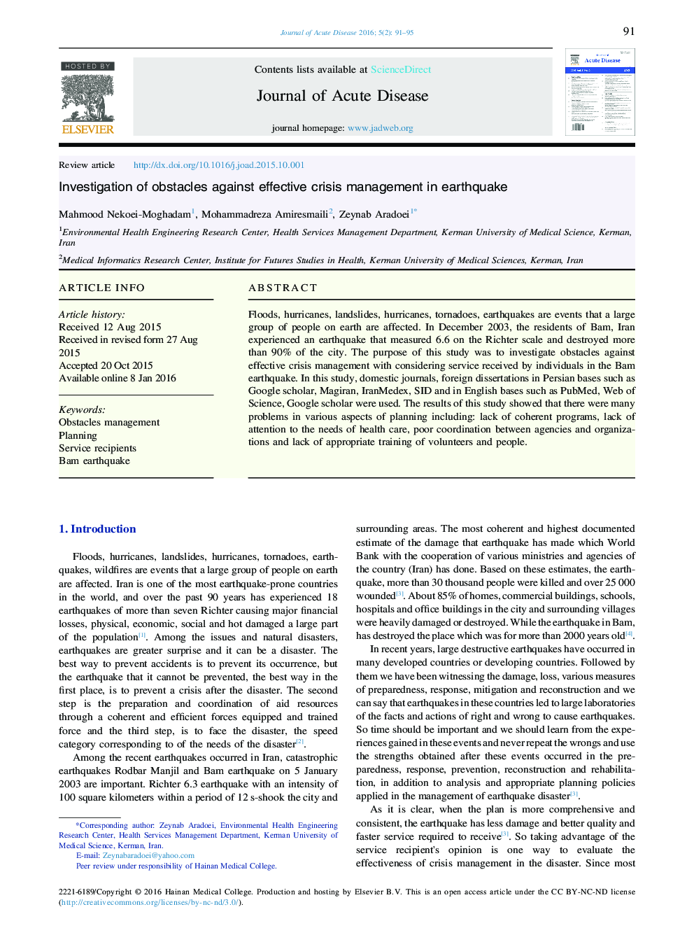 Investigation of obstacles against effective crisis management in earthquake 