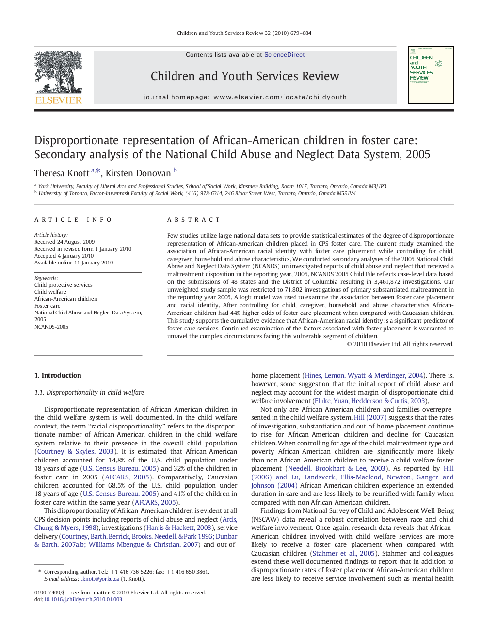 Disproportionate representation of African-American children in foster care: Secondary analysis of the National Child Abuse and Neglect Data System, 2005