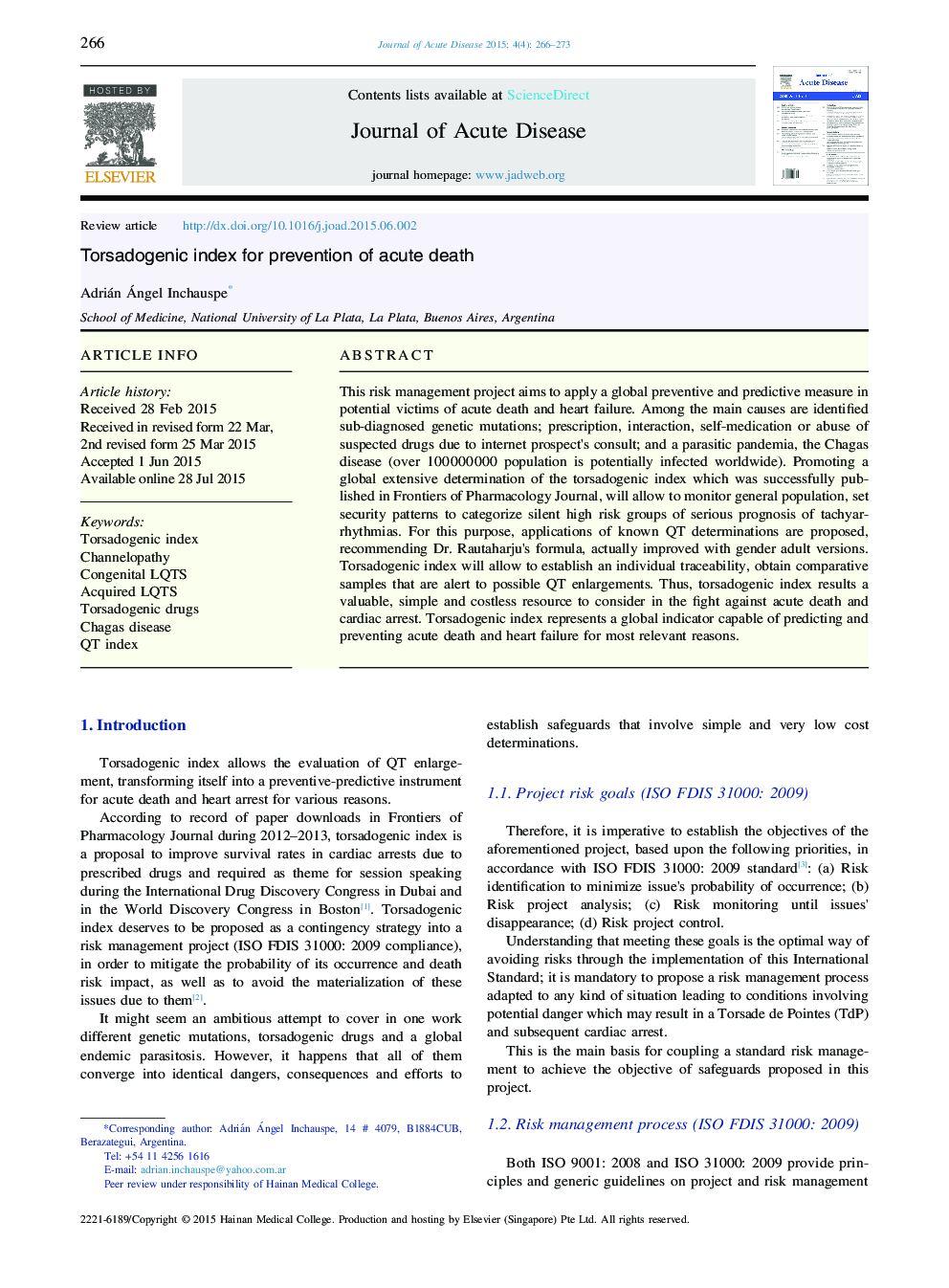 Torsadogenic index for prevention of acute death 